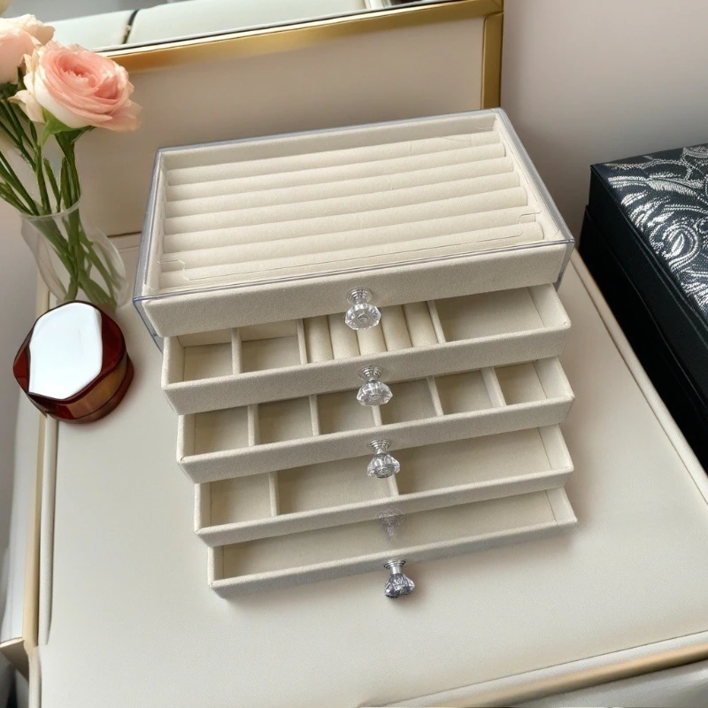 High-end 5-Layer Drawer Velvet Jewelry Box, Desktop Acrylic Multi-grid Jewelry Organizer