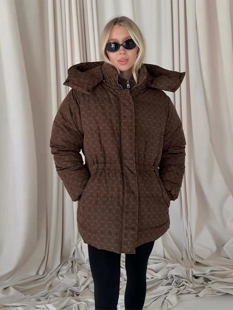 2026 Winter Casual Women's Printed Thicken Cotton Coat Hooded Zippers Waist-Closed Warm Jackets Lady Chic Female Streetwear New