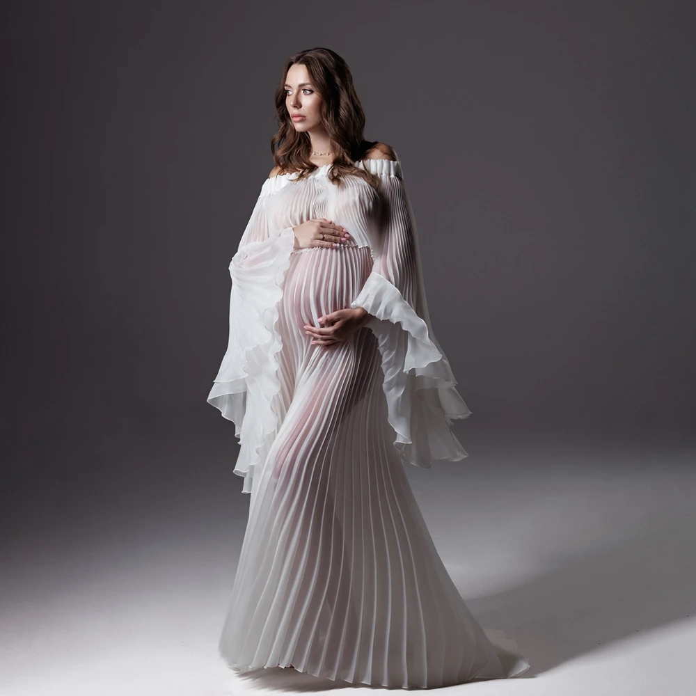 Pleated Maternity Photography Dresses White Mesh Gown For Photo Shoot Bell Sleeve Pregnant Women See Through Maxi Dress