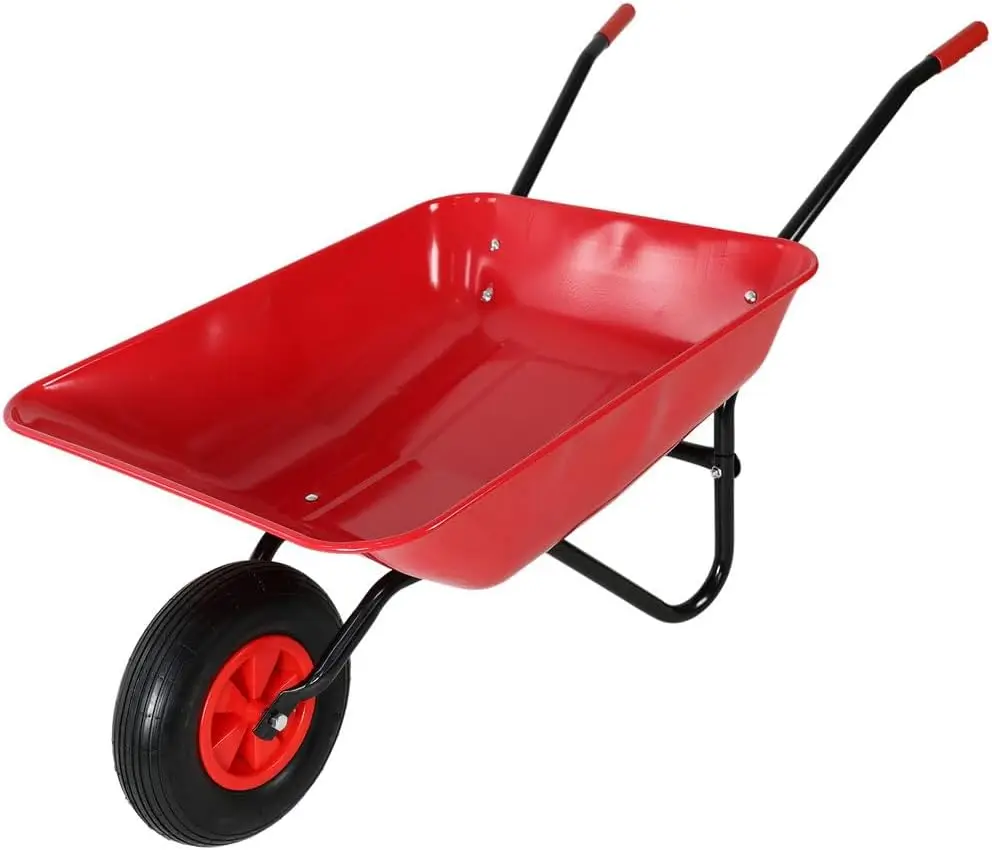 Red 220LB Capacity 2.2 Cu Ft Steel Tray Wheelbarrow 12 Inch Pneumatic Wheel Loop Handle Lightweight Yard Cart Gardening Lawn Lan