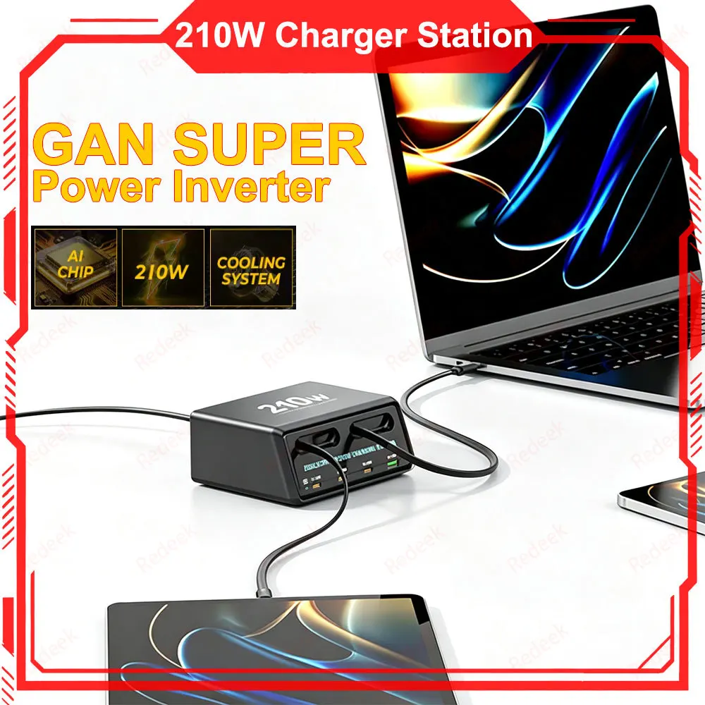 210W Dual Stretch Desktop Charger Station Fast Charging Power With Dual 6 Ports 3 QC3.0 Port Max 45W USB-C for iPhone 18 Pro Max