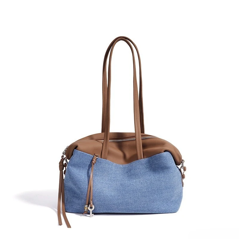 Minimalist Everyday Casual Shoulder Bag for Women Denim Large Capacity Denim Patchwork Unique Luxury Handbag Portable