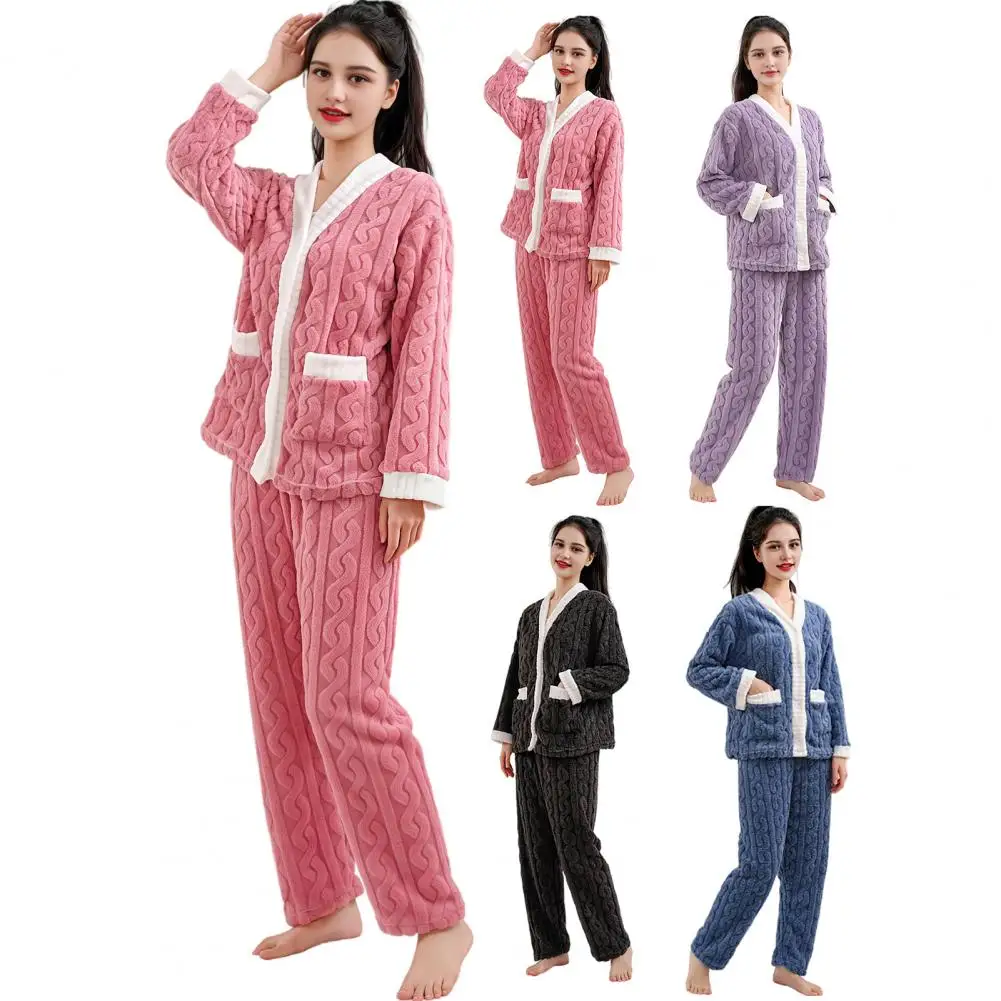 Women Flannel Pajama Set Warm Loose Top And Elastic Waist Pants Casual Warm Woolen Suit Women 2026 Winter Ladies Homewear Suit