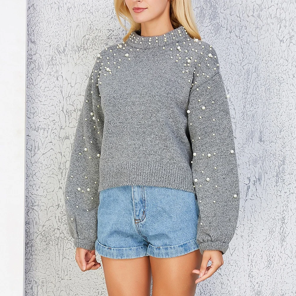 Solid Color Womens Knit Sweater Half Turtleneck Style Bell Sleeves Pearl Decoration Lightweight for Vacation and Travel