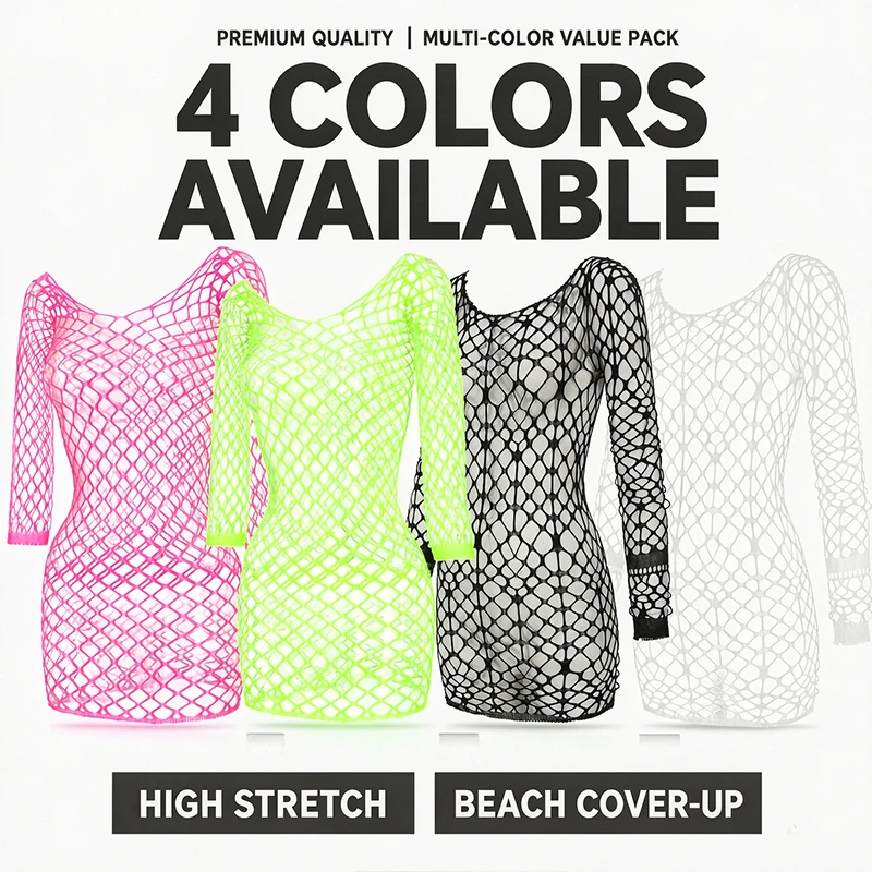 1PC Women Fishnet Cover Up Without Bikini Sexy Lingerie See Through Hollow Out Bodycon Dress Long Sleeve Beachwear