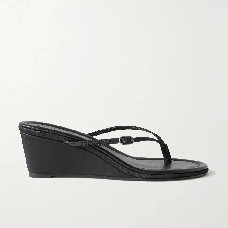 Women's Black Wedge Heel Thong Sandals with Adjustable Ankle Buckle Elegant Minimalist Footwear for Casual Daily Beach Evening