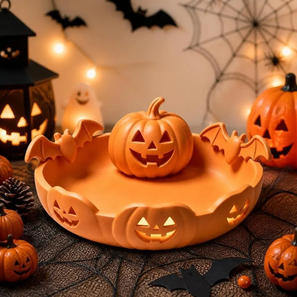 Gothic Style Pumpkin Jewelry Tray Lantern Shaped 3D Printed Halloween Desk Ornament Hollow-out Design Triple Pumpkin Head