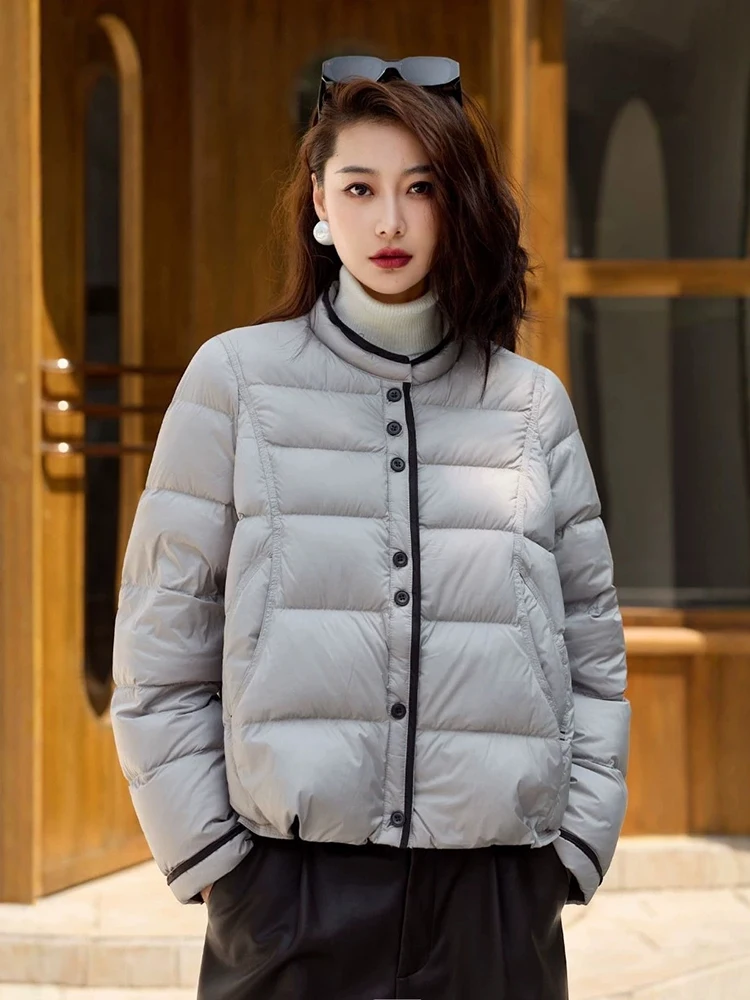 Winter White Duck Down Warm Parker Outwears Women Solid Fluffy Puff Stand Collar Down Jacket Female Casual Color Blocking Jacket