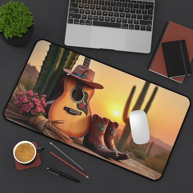 Desert Guitar Mouse Pad, Cactus Guitar Enthusiast Gift, Tech Accessory for Her, Gift for Country Girls, Gaming Mat for Cowgirl