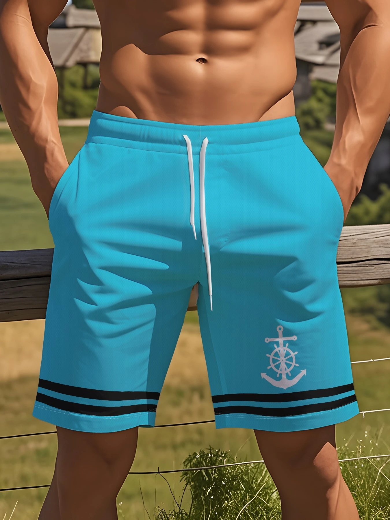Summer Men's Beach Shorts Anchor Nautical Print Quick Dry Swim Trunks Elastic Waist Casual Board Shorts for Swimming Vacation