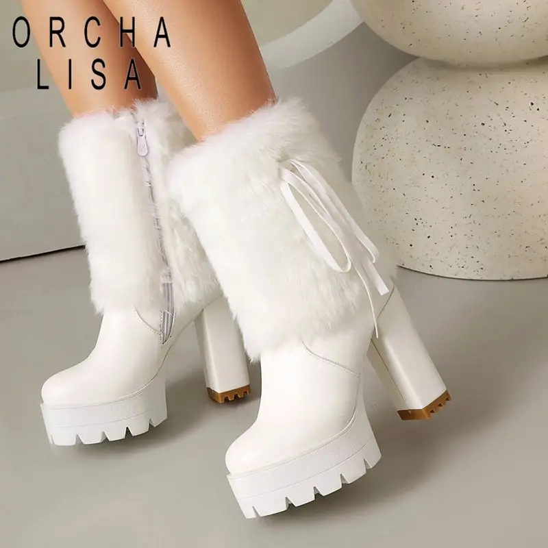 ORCHA LISA Fashion shoes Women's Mid Calf Boots Round Toe 11cm Chunky Heel 3.5cm Platform Zipper Large Size 47-50 Dating