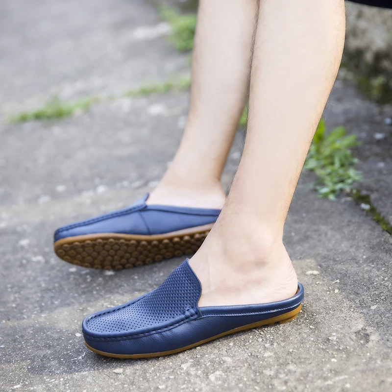 Italian Design Sandals Men Casual Loafers Fashion Outdoor Genuine Leather Slippers Summer Breathable Light Mules Cool Half Shoes