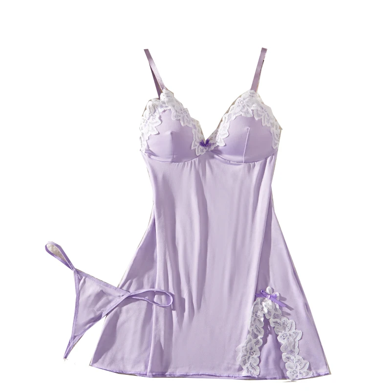 Light Purple Deep V Women Nightdress Sexy Lace Bow Lingerie Adult Dress Babydoll Sex Sleepdress Underwear Set Erotic Clothing