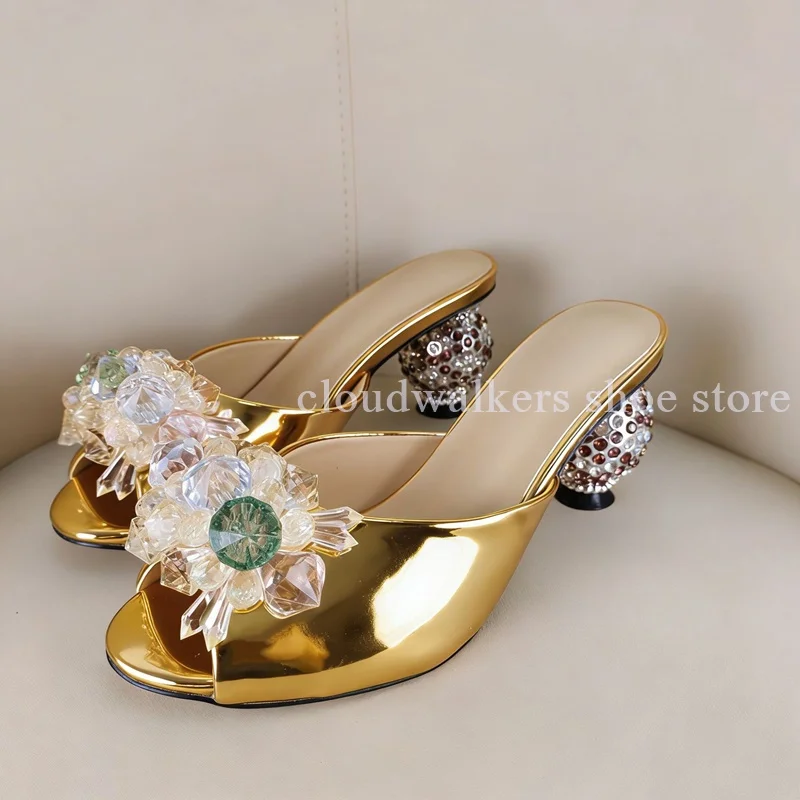 Versatile Shiny Patent Mule Heels Multicolor Crystal Flower Slides Disco Ball Heel Mule Slip On Sandals Perfect for Bridal Night