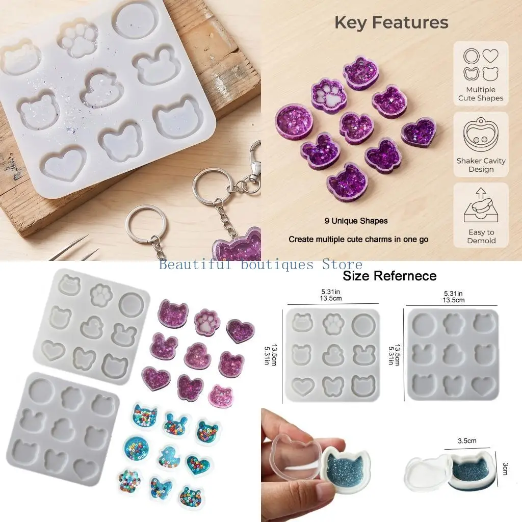 U4LF Silicone Craft Mold Set for Resin Shaker Pendants and Keychains, 2 Reusable Trays with Animal and Heart Cavities for DIY