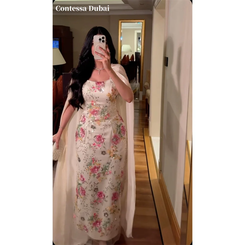 Contessa Custom Cream Square Neck Evening Dress Floral Beaded Prom Dresses Midi Vestidos De Noche Chiffon Cape Formal Evening