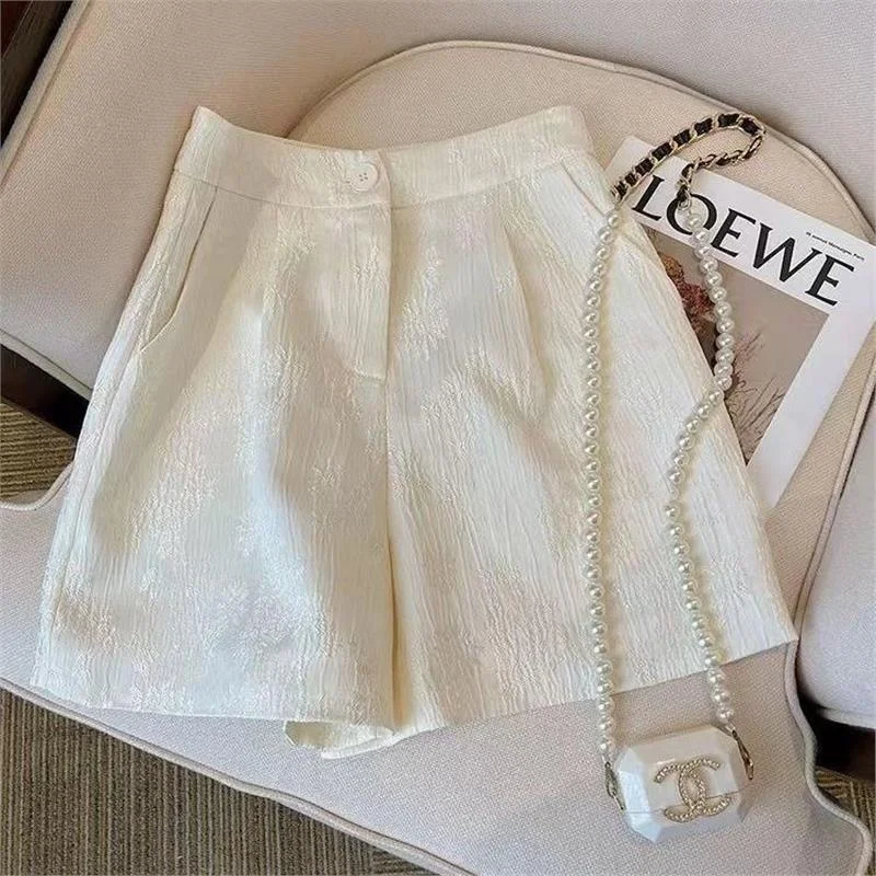 New Chinese Style Retro Embroidered Shorts Women's Casual Loose Wide Leg Pants High Waist Zipper Spring Summer Fashion