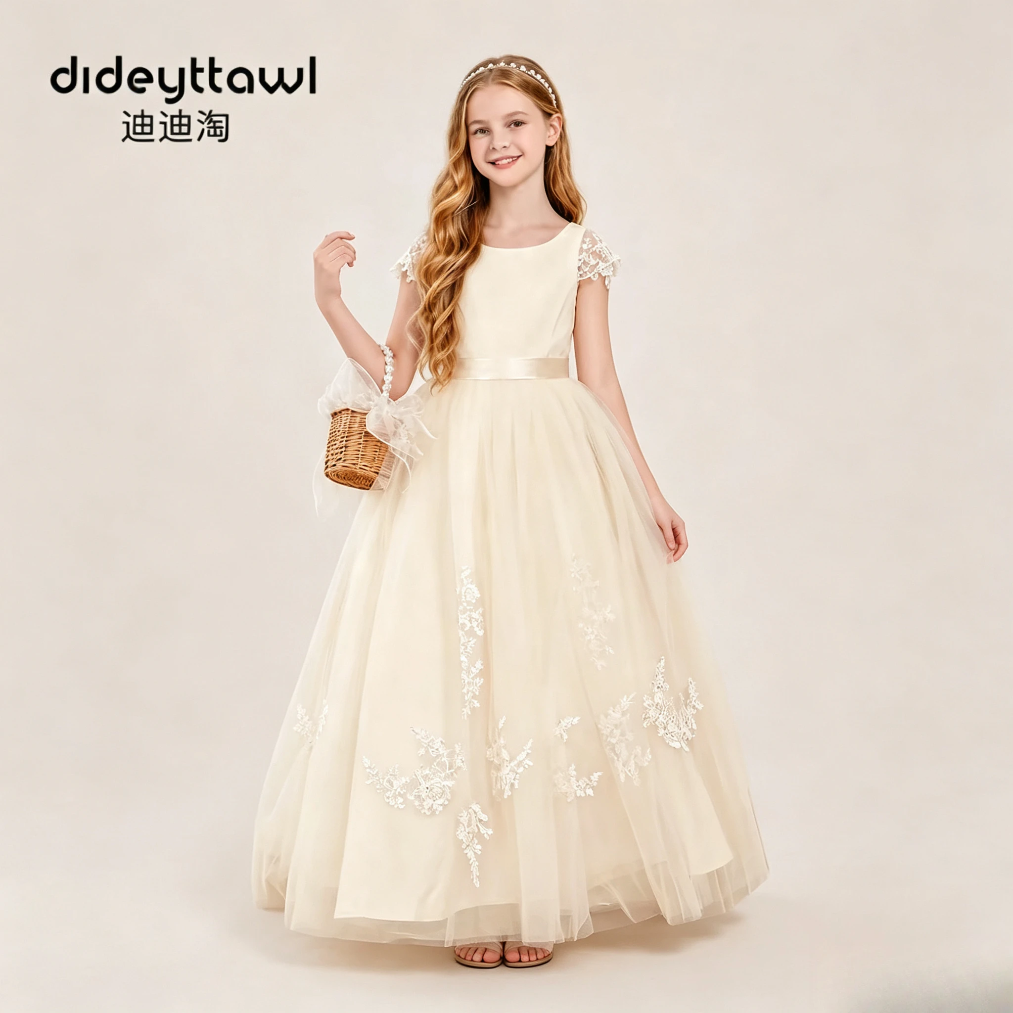 Girls Short Sleeve Tulle Embroidery Long Dress Kids Floor Length Formal Bridesmaid Gown For Wedding Party White Ivory Champagne