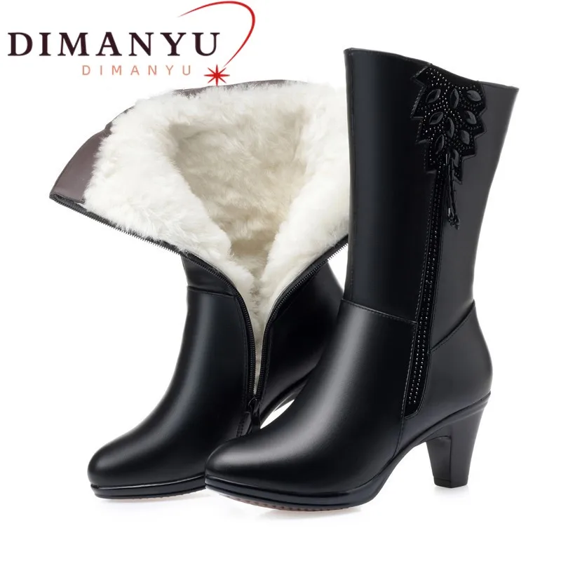 DIMANYU Winter Boots Women Genuine Leather Fashion Mid Boots Women Dress High Heel Natural Wool Warm Female Tassel Boots