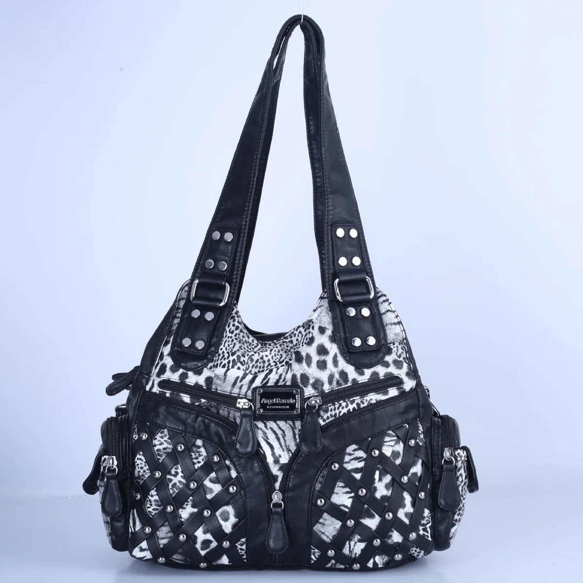 Women Woven Faux Shoulder Bag Large Rivet Studded Tote Handbag Multipocket Crossbody Bag Casual Travel Ladies Tophandle Purse
