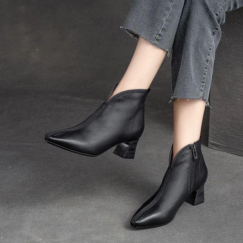 Sexy Original Pointed Toe Women Ankle Boots Side Zippers Thick Heel Boots Sewn Shoes Genuine Leather Luxury 5cm Casual Boots
