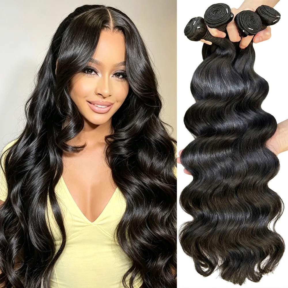 16A Body Wave Bundles 100% Human Hair 30 32 Inch Brazilian Virgin Weave Raw Hair 2 3 4 Pcs Wet And Wavy Double Weft Thick Human Hair Bundles Extensions Natural Black