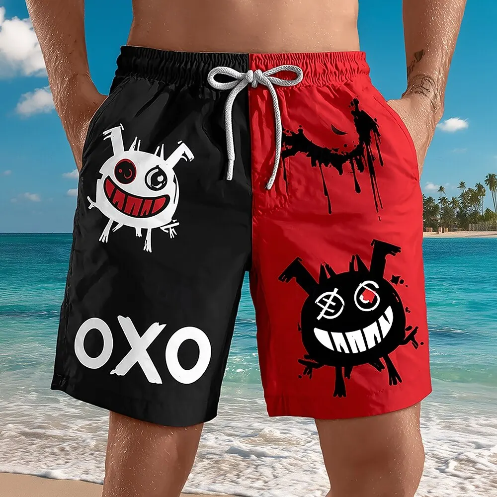 Men's Cartoon Smile Face Color Block Casual Shorts Mid Waist Retro Drawstring Waist Side Pockets Outdoo Wear for Summer