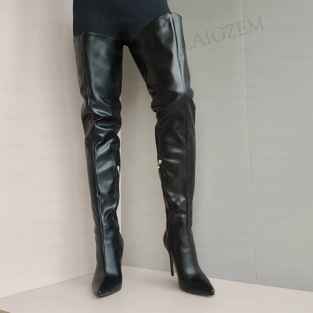 BERZIMER Women Crotch High Boots Side Zip Faux Leather Thin High Heels Tall Boots Over Knee Ladies Shoes Woman Big Size 40 45 47