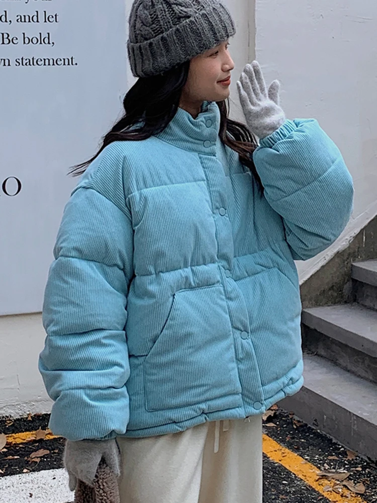 Zoki Women Sweet Corduroy Parkas Warm Long Sleeve Retro Stand Collar Cotton Coat Winter Thick Casual Preppy Style Korean Jacket