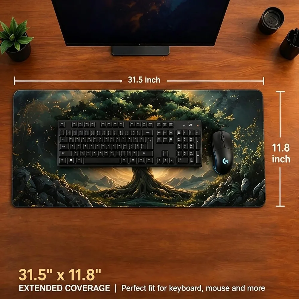 Fantasy World Tree Large Gaming Mouse Pad Extended Desk Mat NonSlip Rubber Base Stitched Edge Keyboard Mouse Mat for PC office