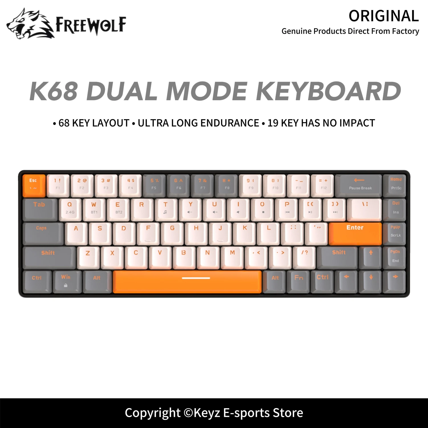 68 Keys Compact Wireless Mechanical Keyboard FREEWOLF K68 Bluetooth Gaming Keyboard Hot-Swappable 19-Key No Conflict ABS Keycaps