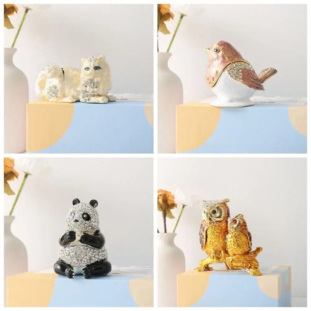 Ring Holder Enamel Jewelry Box Necklace Bracelet Animal Figurine Jewelry Storage Box Colorful Cat Birds Trinket Organizer