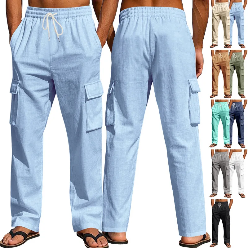 Men Linen Cargo Trousers Loose Comfortable Multi Pocket Straight Casual Pants Thin Fabric For Beach Daily Leisure Wear
