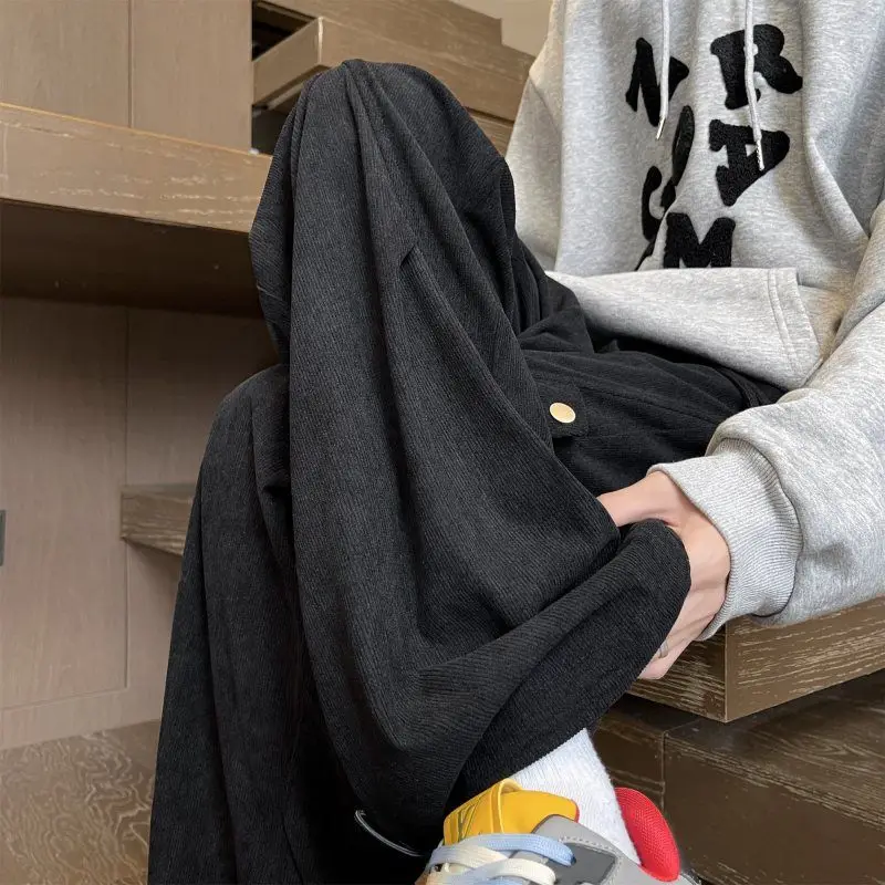 Mens Winter Corduroy Pants Grey Green Loose Straight Cargo Trousers American Style Jogger High Street Casual Utility Workwear