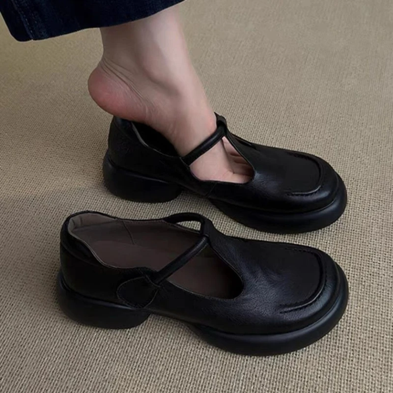 Women's Vintage Minimalist Round Toe Block Heel Mary Janes Black Faux Leather Casual Office Pumps Shoes