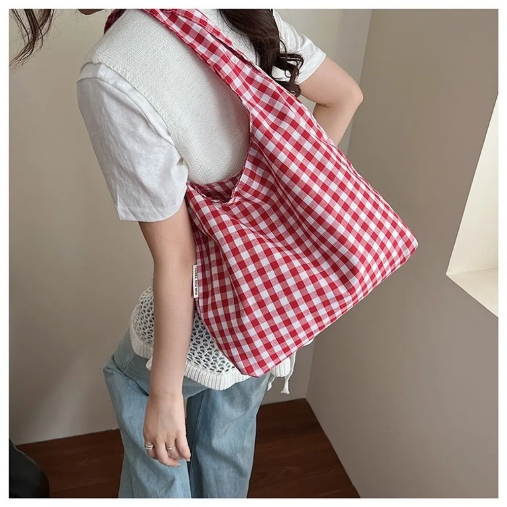 Casual Korean Style Checkered Canvas Tote Bag Leisure Travel Shopping Bag Double Handle Shoulder Handbag for Youth Commute Class
