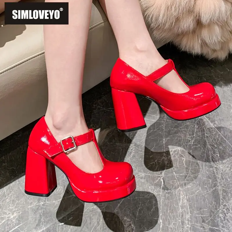 SIMLOVEYO Brand Shiny Women Pumps Round Toe 9.5cm Block Heel 2cm Platform Buckle T Strap Oversize 42 43 44 45 Sweet Shoes Spring