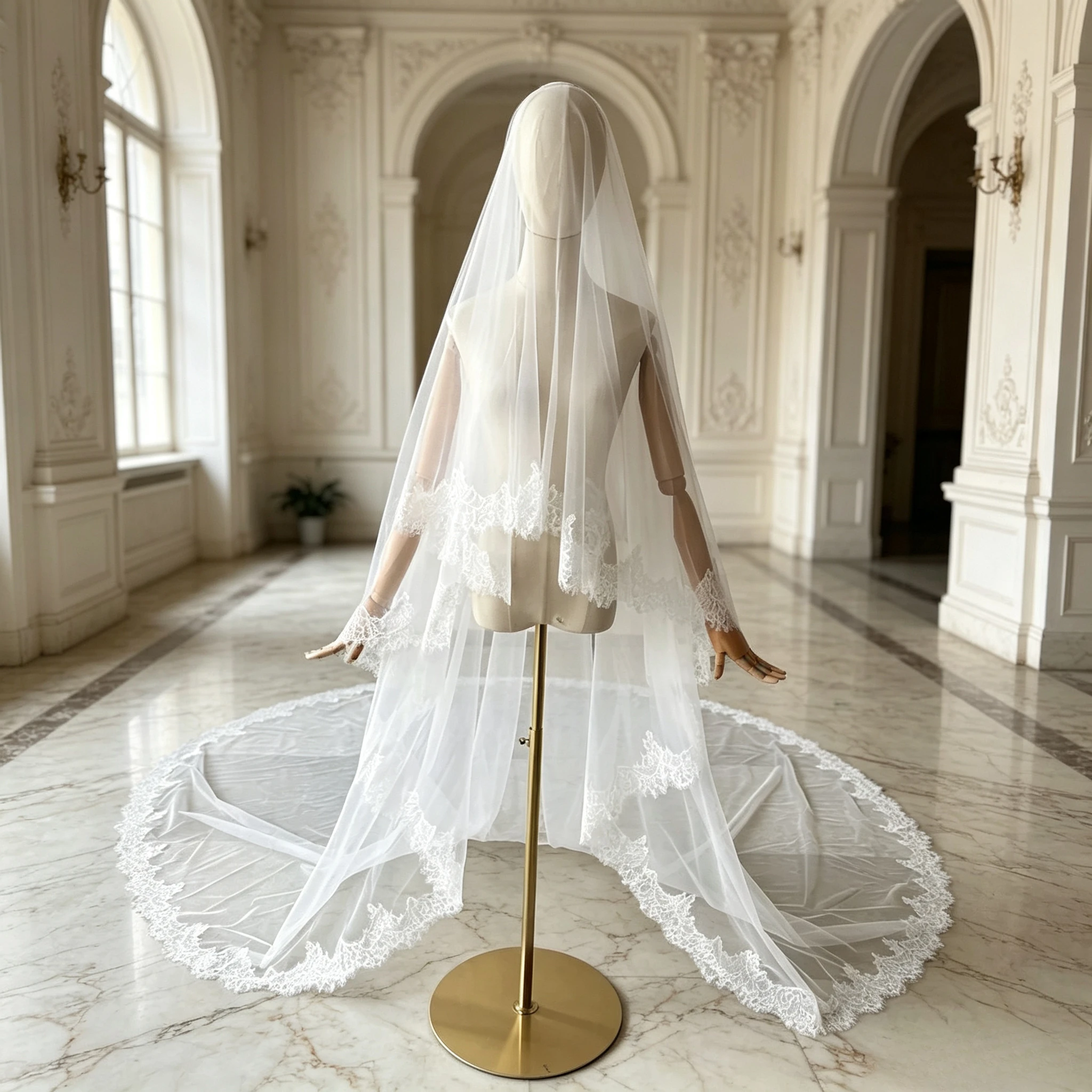 Ivory Floral Lace Wedding Veil with Blusher Soft Tulle Bridal Veil Classic Church Veil Handmade Wedding Dress Accessories