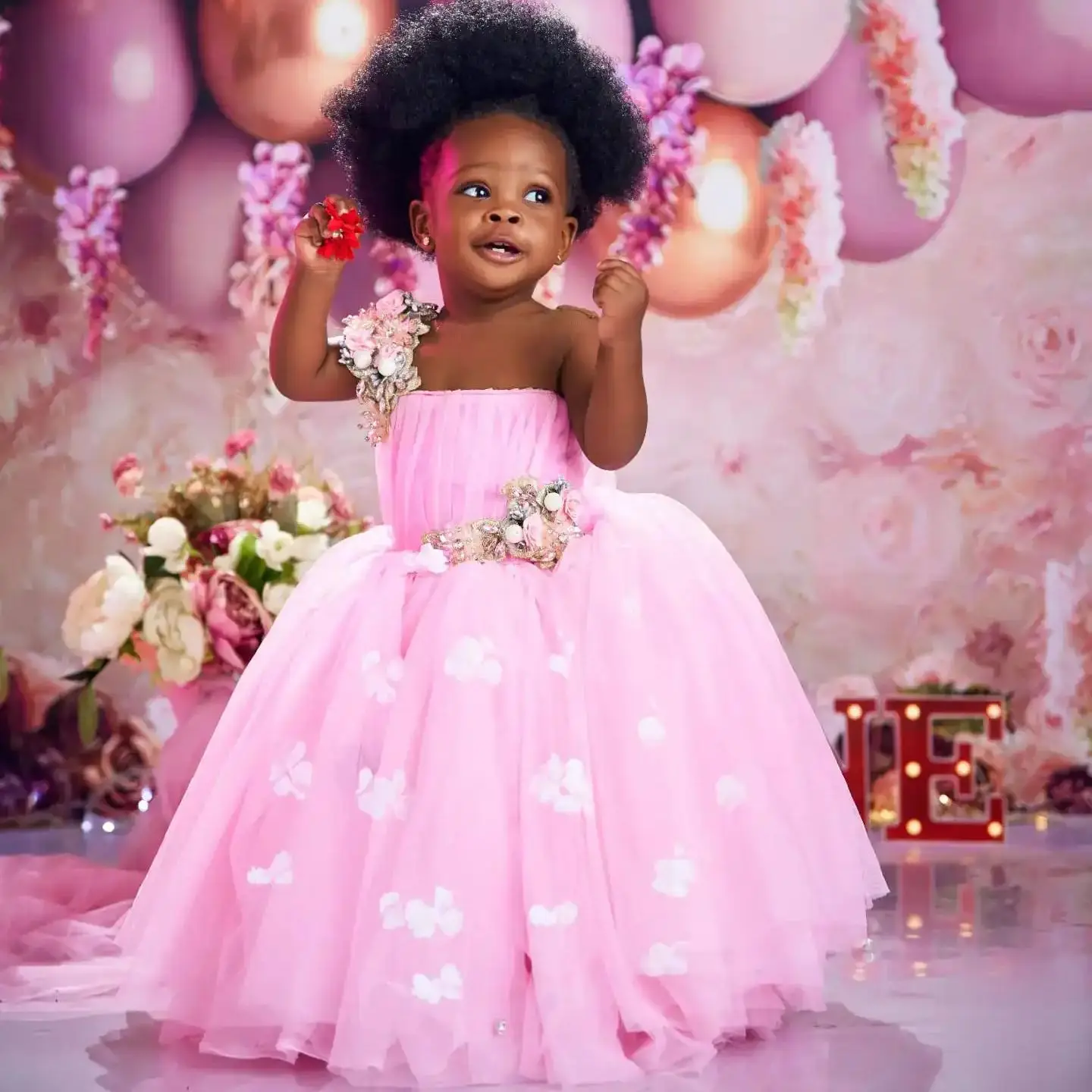 Pink Floral Kids Birthday Dresses Beaded Ball Gown Flower Girl Dresses for Wedding Party Baby Girls Prom Gowns for Photoshoot
