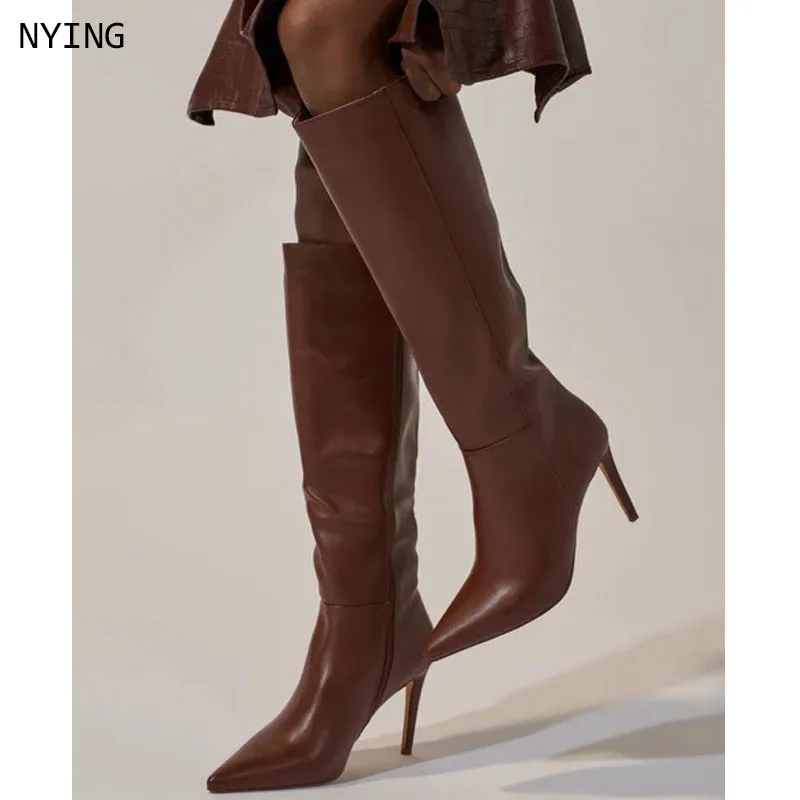 2026 Brown Knee-high Boots For Women Pointed Stiletto Heels Classic Side Zipper Shoes Nightclub Club Party 10/12CM Female Boots