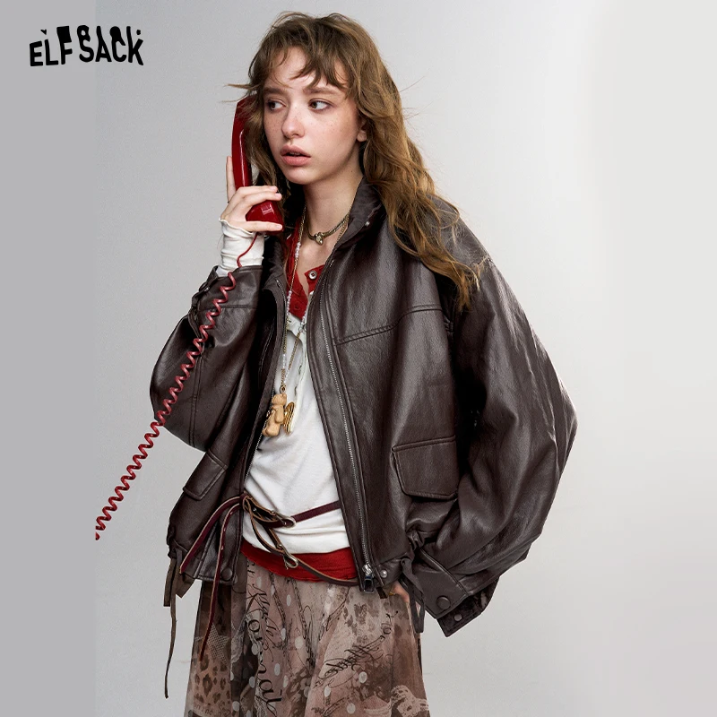 ELFSACK Women's Vintage Loose Stand Collar Jacket with Flap Pockets, Drawstring Hem Crop Outerwear for Casual Everyday