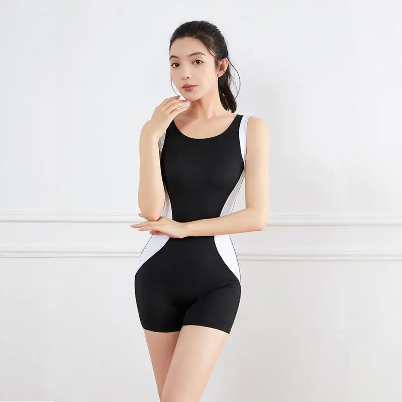 Women Professional Training Swimsuit Boyleg Conservative Slimming Open Back Swimwear For Pool Spa