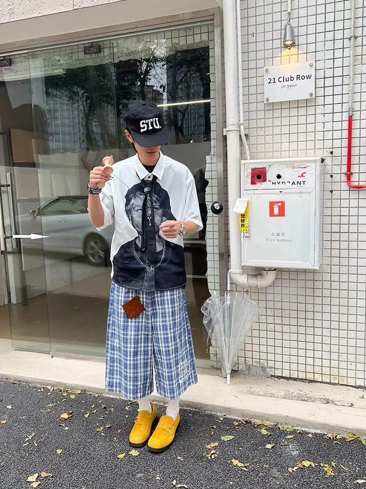 Men's Retro Letter Embroidered Plaid Cropped Pants Summer Cool Boys Shorts Wide Leg Casual Bottom Male High Waist Half Trousers