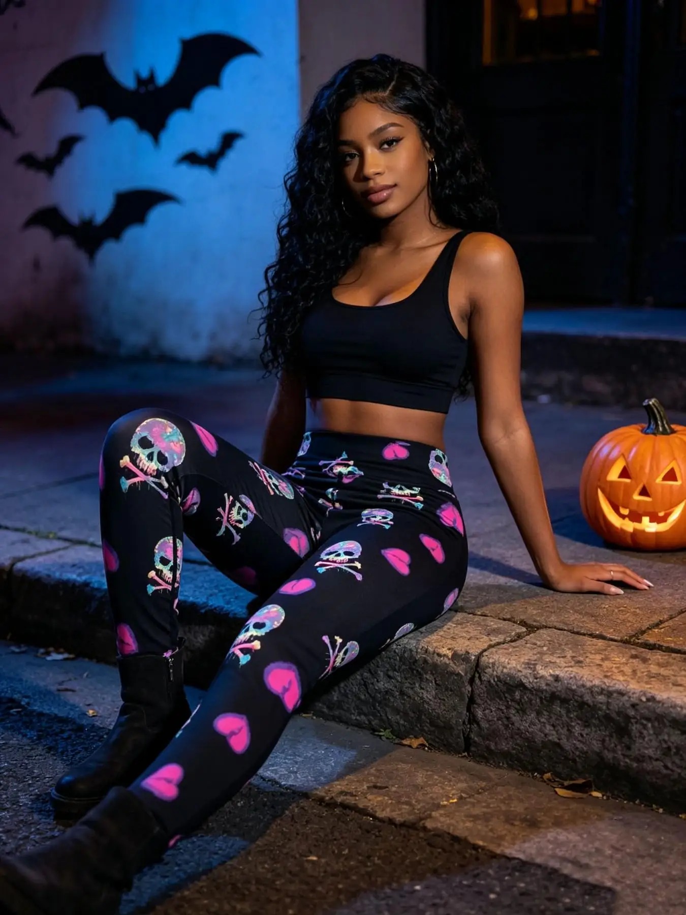 A must-have pair of women's trousers for the Halloweencarival, featuring a graffiti-style print with colourfulskeletons and pink