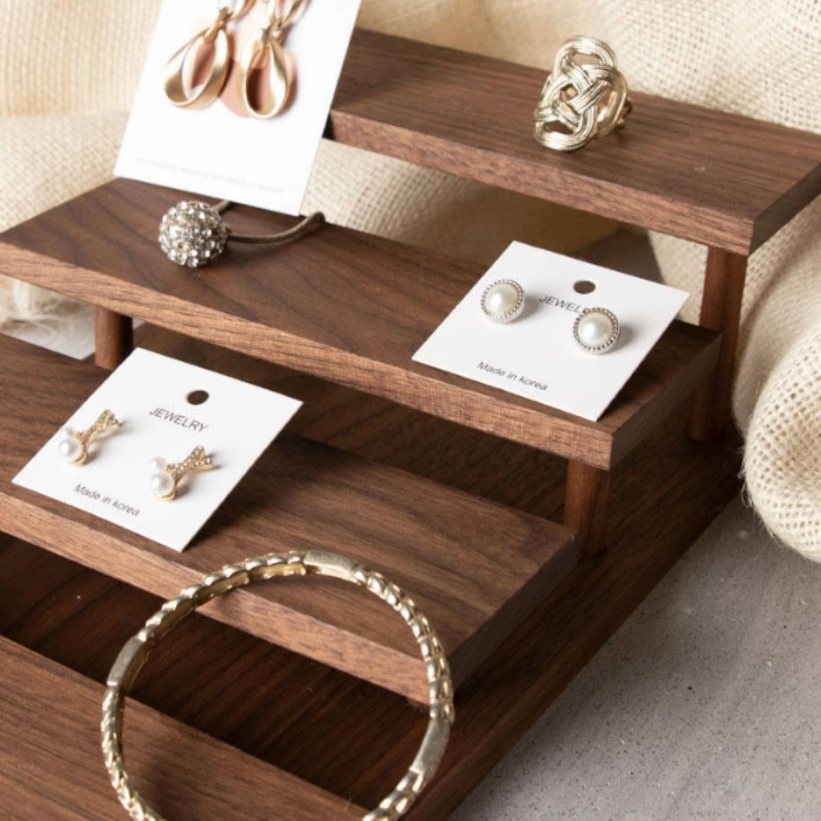 Wooden Jewelry Holder Stepped Display Stand Space Saving Earring Display for Boutique and Photography