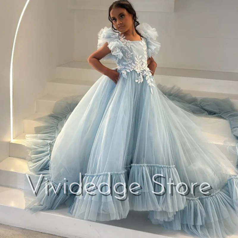 Light Blue Sweetheart Princess Flower Girl Dresses Wedding Square Neck Puffy Sleeve Embellished Pleated Customized Flower Girl D