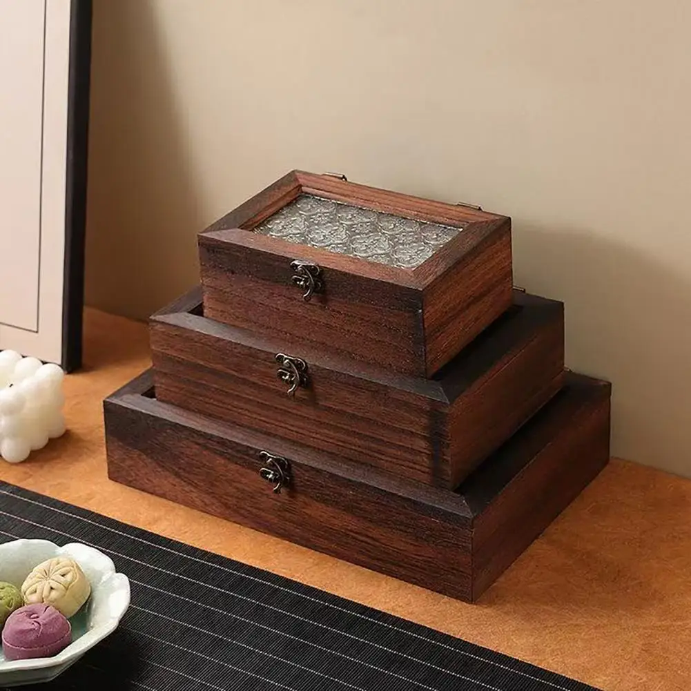 Small Sundries Storage Box Vintage Wooden Jewelry Storage Box with Glass Lid Dustproof Retro Organizer Case Decorative Flip-top