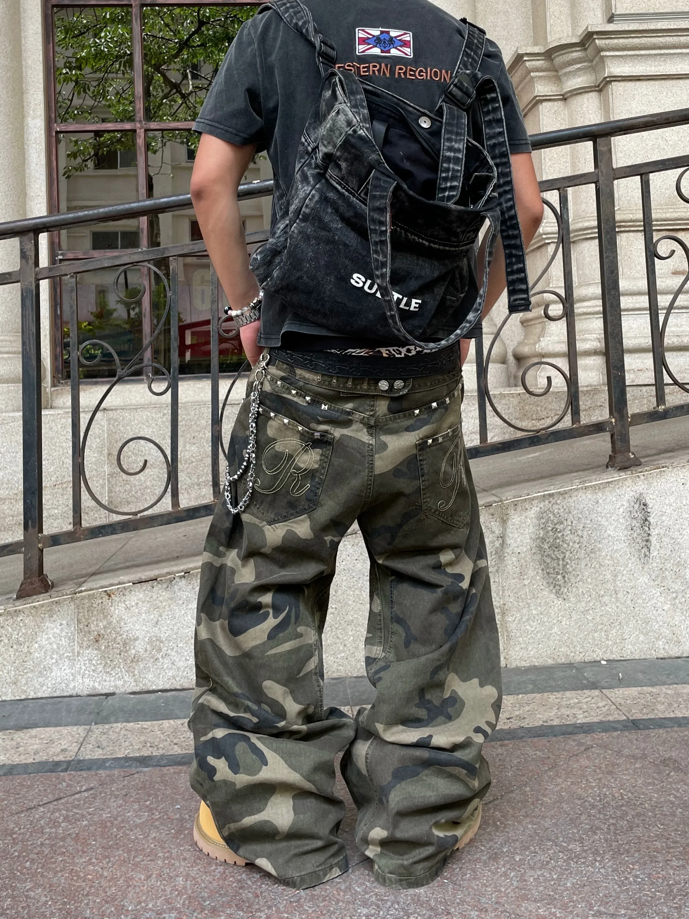 American Retro Paris Button Design Camouflage Long Pants Loose Wide Leg Casual Trousers for Men And Women Street Style Workwear