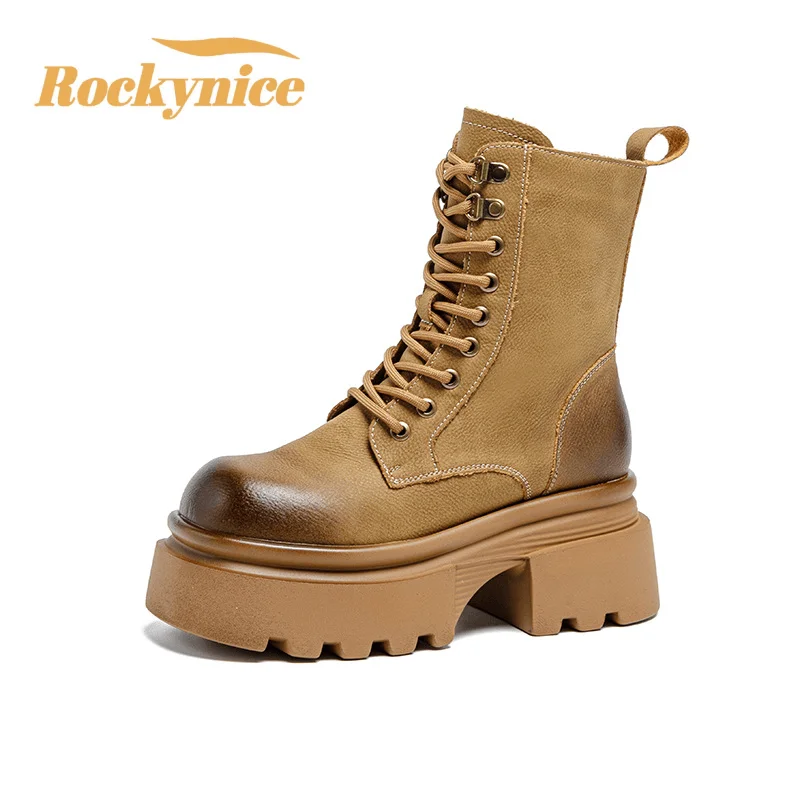 New 2025 Women Autumn Winter Genuine Leather Ankle Boots British Style 7CM Chunky Heels Short Boots Retro Motorcycle Boots Woman