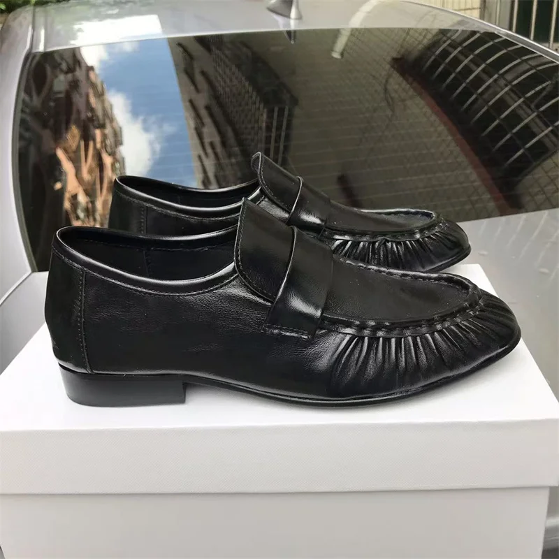 New French Retro Flat Shoes Made of Cowhide, Hand Sewn with Genuine Leather Soles. Le Fu Women's One-Step Comfortable and Casual